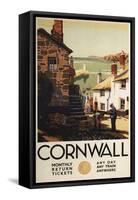 Cornwall, England - Street Scene with Two Men Working Railway Poster-Lantern Press-Framed Stretched Canvas