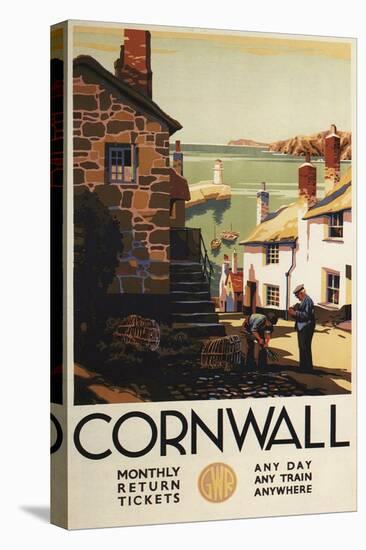 Cornwall, England - Street Scene with Two Men Working Railway Poster-Lantern Press-Stretched Canvas