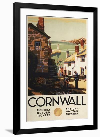 Cornwall, England - Street Scene with Two Men Working Railway Poster-Lantern Press-Framed Art Print