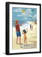 Corolla, North Carolina - Kite Flyers-Lantern Press-Framed Art Print