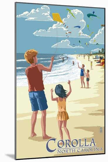 Corolla, North Carolina - Kite Flyers-Lantern Press-Mounted Art Print