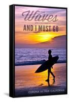 Corona del Mar, California - the Waves are Calling - Surfer and Sunset-Lantern Press-Framed Stretched Canvas