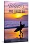 Corona del Mar, California - the Waves are Calling - Surfer and Sunset-Lantern Press-Stretched Canvas