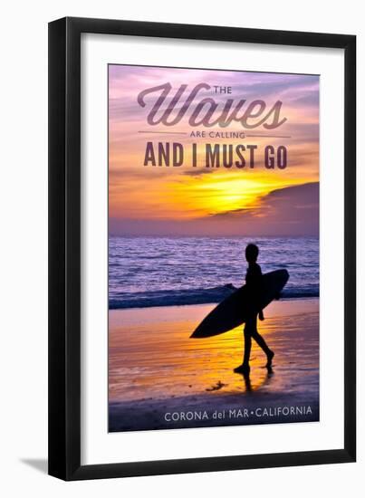 Corona del Mar, California - the Waves are Calling - Surfer and Sunset-Lantern Press-Framed Art Print