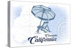 Coronado, California - Beach Chair and Umbrella - Blue - Coastal Icon-Lantern Press-Stretched Canvas