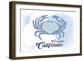 Coronado, California - Crab - Blue - Coastal Icon-Lantern Press-Framed Art Print