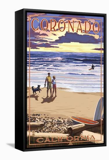 Coronado, California - Sunset Beach Walk-Lantern Press-Framed Stretched Canvas