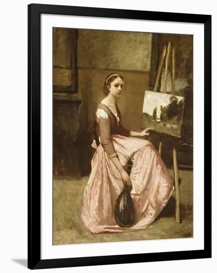 Corot's Studio (Young Girl in Pink Dress Sitting by an Easel with a Mandolin)-Jean-Baptiste-Camille Corot-Framed Premium Giclee Print