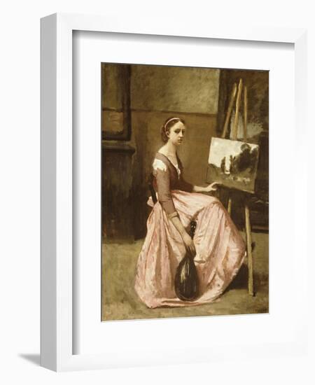 Corot's Studio (Young Girl in Pink Dress Sitting by an Easel with a Mandolin)-Jean-Baptiste-Camille Corot-Framed Giclee Print