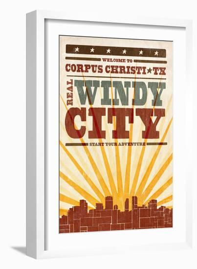 Corpus Christi, Texas - Skyline and Sunburst Screenprint Style-Lantern Press-Framed Art Print