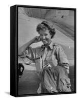 Correspondent Marguerite Higgins Smiling, Leaning Against Airplane-Carl Mydans-Framed Stretched Canvas