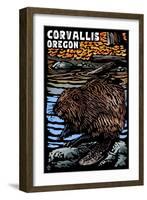 Corvallis, Oregon - Beaver - Scratchboard-Lantern Press-Framed Art Print