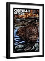 Corvallis, Oregon - Beaver - Scratchboard-Lantern Press-Framed Art Print