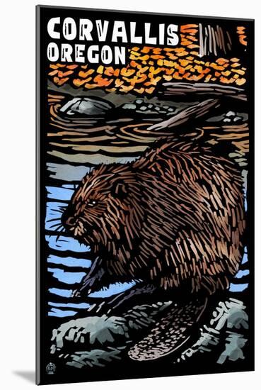 Corvallis, Oregon - Beaver - Scratchboard-Lantern Press-Mounted Art Print