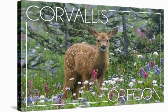 Corvallis, Oregon - Deer Fawn and Wildflowers-Lantern Press-Stretched Canvas