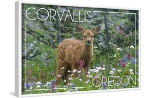 Corvallis, Oregon - Deer Fawn and Wildflowers-Lantern Press-Framed Art Print