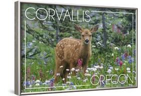 Corvallis, Oregon - Deer Fawn and Wildflowers-Lantern Press-Framed Art Print