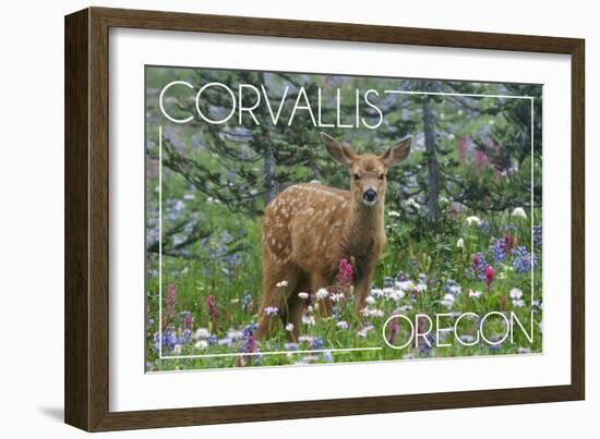 Corvallis, Oregon - Deer Fawn and Wildflowers-Lantern Press-Framed Art Print