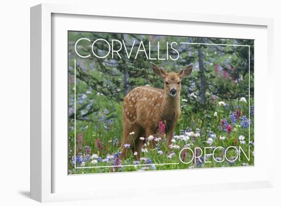 Corvallis, Oregon - Deer Fawn and Wildflowers-Lantern Press-Framed Art Print