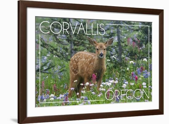 Corvallis, Oregon - Deer Fawn and Wildflowers-Lantern Press-Framed Art Print