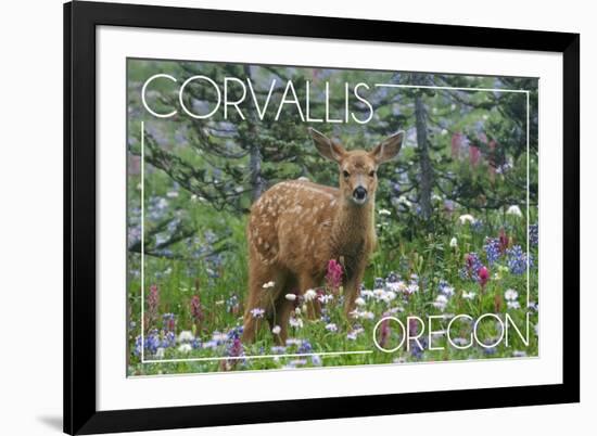 Corvallis, Oregon - Deer Fawn and Wildflowers-Lantern Press-Framed Premium Giclee Print