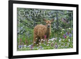 Corvallis, Oregon - Deer Fawn and Wildflowers-Lantern Press-Framed Premium Giclee Print