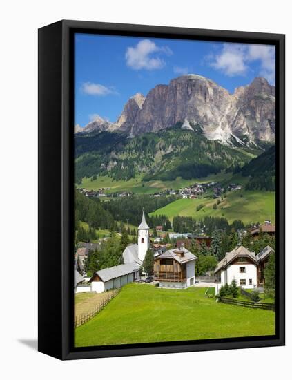 Corvara and Sass Songher Mountain, Badia Valley, Trentino-Alto Adige/South Tyrol, Italy-Frank Fell-Framed Stretched Canvas