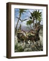 Corythosaurus Being Chased by a Tyrannosaurus Rex-Stocktrek Images-Framed Art Print