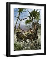 Corythosaurus Being Chased by a Tyrannosaurus Rex-Stocktrek Images-Framed Art Print