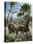 Corythosaurus Being Chased by a Tyrannosaurus Rex-Stocktrek Images-Stretched Canvas