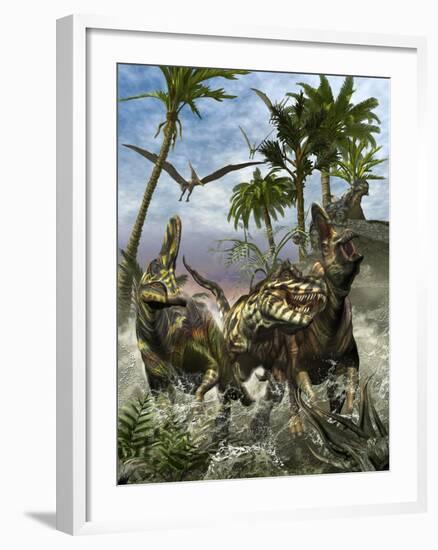 Corythosaurus Being Chased by a Tyrannosaurus Rex-Stocktrek Images-Framed Art Print