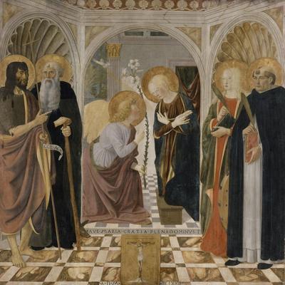 L'Annonciation et quatre saints. Avec saint Jean-Baptiste, saint Antoine, sainte Catherine et