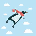 Vector Illustration of the Flying Penguin Wering in the Red Scarf in the Sky-cosmaa-Art Print