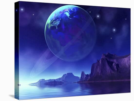 Cosmic Seascape On Another World with a Ringed Planet in the Night Sky-Stocktrek Images-Stretched Canvas