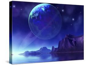 Cosmic Seascape On Another World with a Ringed Planet in the Night Sky-Stocktrek Images-Stretched Canvas