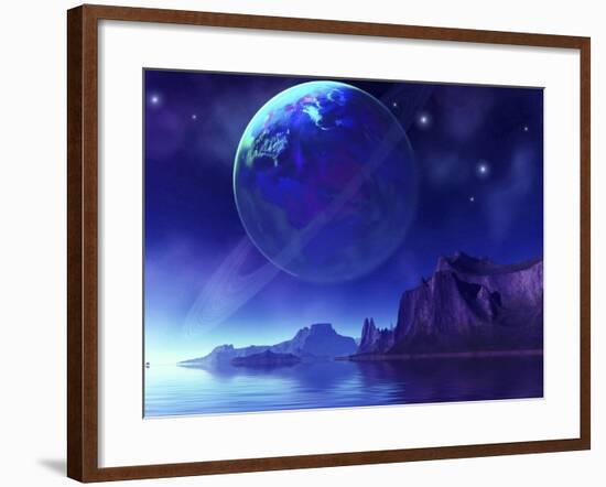 Cosmic Seascape On Another World with a Ringed Planet in the Night Sky-Stocktrek Images-Framed Photographic Print