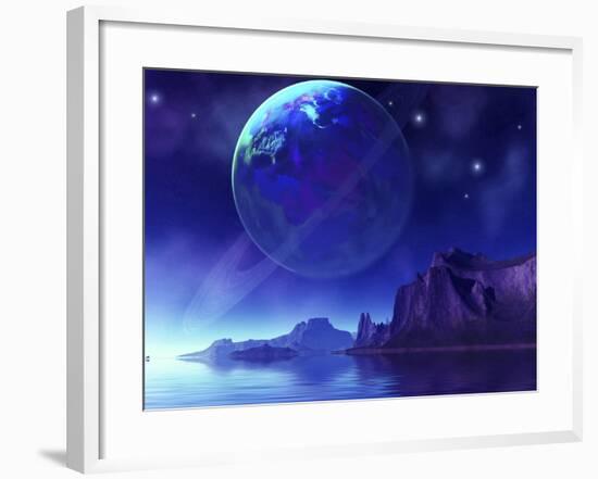 Cosmic Seascape On Another World with a Ringed Planet in the Night Sky-Stocktrek Images-Framed Photographic Print