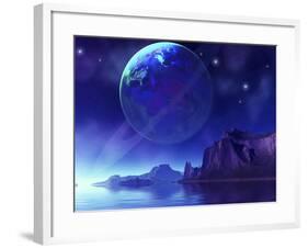 Cosmic Seascape On Another World with a Ringed Planet in the Night Sky-Stocktrek Images-Framed Photographic Print
