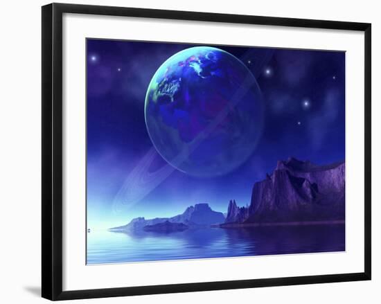 Cosmic Seascape On Another World with a Ringed Planet in the Night Sky-Stocktrek Images-Framed Photographic Print