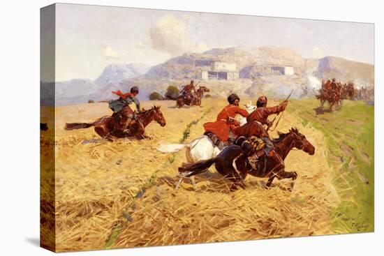 Cossacks Charging Into Battle-Franz Roubaud-Stretched Canvas