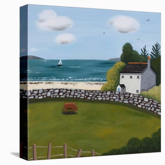 Cottage, Brown Cow and Sailing Boat-Sophie Harding-Stretched Canvas