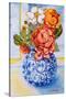 Cottage Roses, Round Blue and White Vase 2004-Joan Thewsey-Stretched Canvas