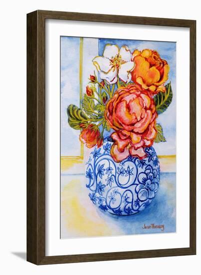 Cottage Roses, Round Blue and White Vase 2004-Joan Thewsey-Framed Giclee Print