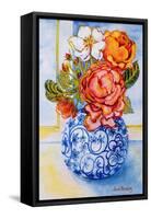 Cottage Roses, Round Blue and White Vase 2004-Joan Thewsey-Framed Stretched Canvas