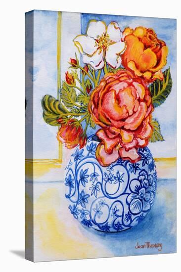 Cottage Roses, Round Blue and White Vase 2004-Joan Thewsey-Stretched Canvas