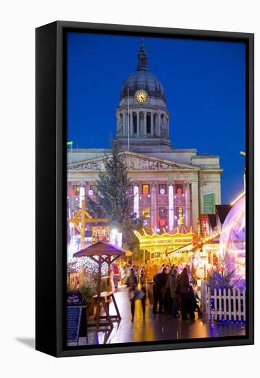 Council House and Christmas Market Stalls in the Market Square-Frank Fell-Framed Stretched Canvas