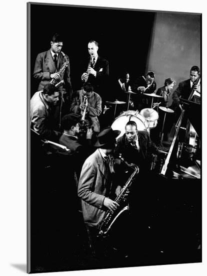 Count Basie at Piano, Lester Young on Sax, Dizzy Gellespie, Mezzrow on Clarinet, Gjon Mili's Studio-Gjon Mili-Mounted Premium Photographic Print