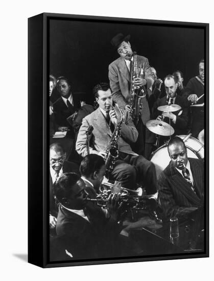 Count Basie, Lester Young and Others at Jam Session-Gjon Mili-Framed Stretched Canvas