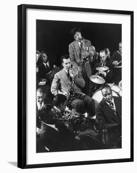 Count Basie, Lester Young and Others at Jam Session-Gjon Mili-Framed Premium Photographic Print