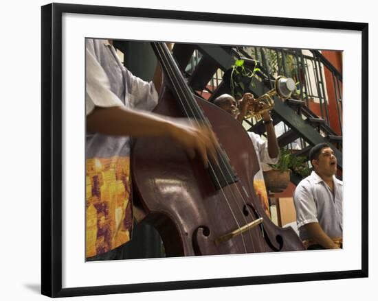 Counterbass with Trumpet Player, Part of Traditional Band Playing in a Cafe, Habana Vieja, Cuba-Eitan Simanor-Framed Photographic Print